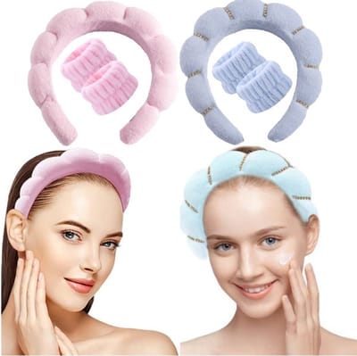 5-delige SPA-hoofdbandenset voor dames - Sponshoofdband - Geschikt voor gezichtsreiniging, huidverzorging, make-up, etc. - Badstof - Polsbandje - Zachte douchehoofdband - Met haarclip - Roze
