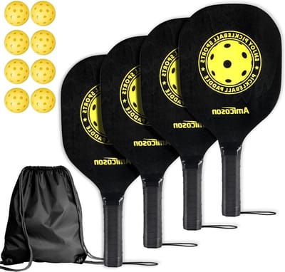 Houten Pickleball Paddles Set - 4 Pickleball Rackets met Ergonomische Kussengreep - Binnen en Buiten Gebruik - 8 Ballen en Draagtas