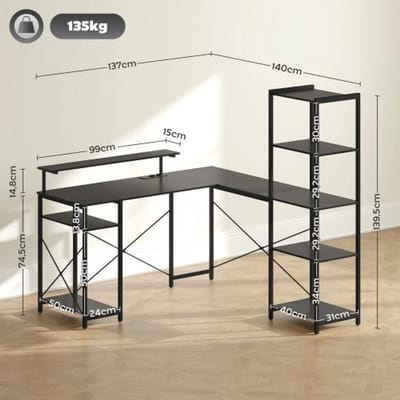 L-vorm bureau 137x140 cm hoekbureau met stopcontact USB-C en USB-poorten, computer bureau met planken zwart