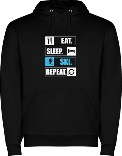 Zwarte unisex hoodie met “ Kleurrijke Eat Sleep SKI Repeat – Wintersport – Sneeuw “ Print Full Color Color merk Roly maat S