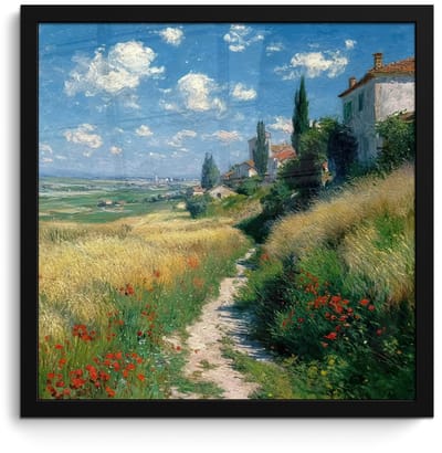 Poster in lijst - Fotolijst 40x40 cm - Posters - Zandpad - Huis - Bomen - Grasveld - Posterlijst zwart - Decoratie - Wanddecoratie woonkamer - Muurdecoratie slaapkamer