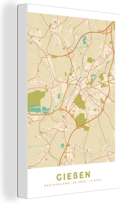 Canvas Schilderij Gießen - Plattegrond - Kaart - Vintage - Stadskaart - 20x30 cm - Wanddecoratie