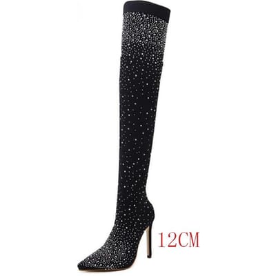 Sexy Hoge Hakken Sok Over-de-Knie Laarzen Puntige Neus Ontwerp Kristal Strass Stretch Stof Paaldansen Vrouwen Schoenen 35 black