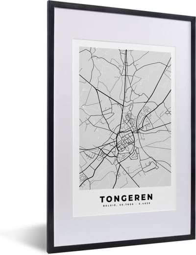 Fotolijst incl. Poster Zwart Wit- België – Tongeren – Stadskaart – Kaart – Zwart Wit – Plattegrond - 40x60 cm - Posterlijst