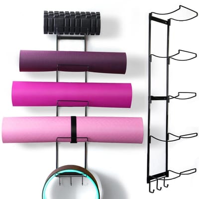 Yogamathouder wandmontage, metalen opbergrek voor yogamat/wielen, schuimroller en blok enz., Wandrekorganizer met 3 haken voor het ophangen van stretchband en weerstandsbanden