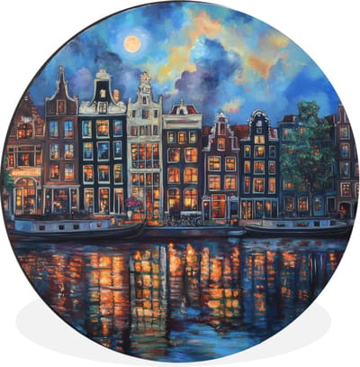 WallCircle - Wandcirkel - Muurcirkel - Grachten Amsterdam - Huizen - Stad - Kleurrijk - Aluminium - Dibond - 30x30 cm - Binnen en Buiten