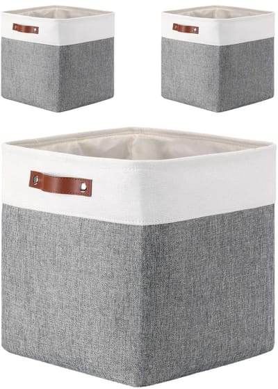 Opbergdozen, set van 4 stoffen opbergkubussen met handgrepen (33 x 38 x 33 cm, grijs roze)