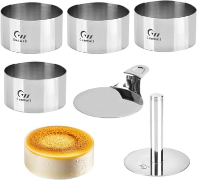 Ronde Bakringen Set RVS - 4 Stuks + Spatel en Stamper voor Taart & Mousse
