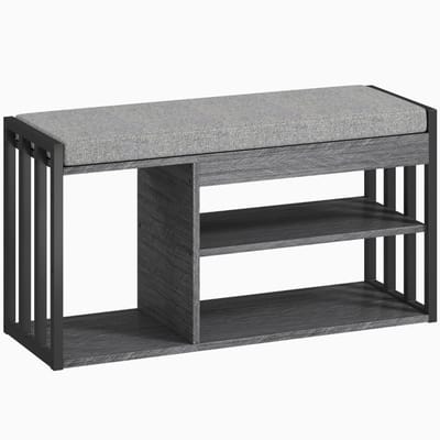 Merax Schoenenrek met Zitbank - 3-Laags Schoenenbank met Kussen - Houten Schoenenkast met Metalen Frame - Halbank voor Flur en Woonkamer - Grijs - 129 kg
