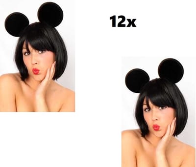 12x Diadeem zwarte muizen oren - carnaval minnie mickey optocht thema feest muis zwart oor grappig en fout