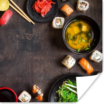 Poster Sushi - Eetstokjes - Kruiden - Specerijen - 100x100 cm XXL