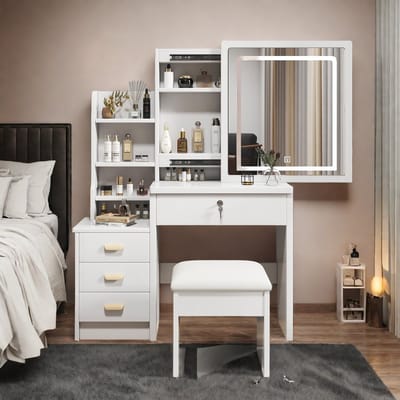 MODENUIT Kaptafel - Spiegel Met Verlichting En 4 Lades - Voor Slaapkamer Of Kleedruimte - MDF - Wit - 85x36x130 Cm