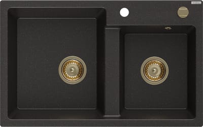 Mexen Tomas granieten spoelbak met 2 kamers 800 x 500 , zwart/goud metallic, gouden sifon - 6516802000-75-G