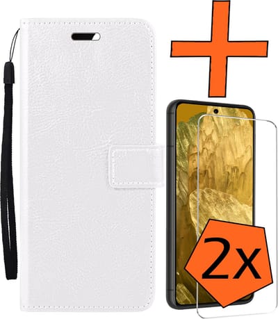 Hoes - Met 2x Screenprotector - Geschikt voor Google Pixel 8a - Luxe Pasjeshouder - Bookcase Portemonee - Flip Case - Kunstleer Book Case - Flipcase Hoes - Book Cover - Walletcase - PortemonneeHoes - Wit