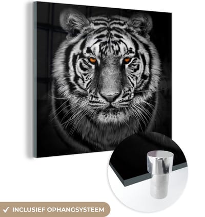 MuchoWow® Glasschilderij 50x50 cm - Schilderij acrylglas - Tijger - Oranje - Zwart - Wit - Foto op glas - Schilderijen