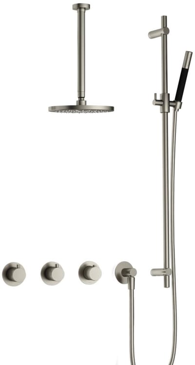 Hotbath Cobber IBS70 inbouw regendoucheset met staafhanddouche aan glijstang en 20cm ronde hoofddouche aan 30cm plafondarm geborsteld nikkel
