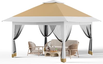 Pop-up tuintent 3.6x3.6 m kaki, dubbel dak met muskietennet, in hoogte verstelbaar, UV- en weerbestendig, stevige overkapping voor tuin, terras, strand en kamperen