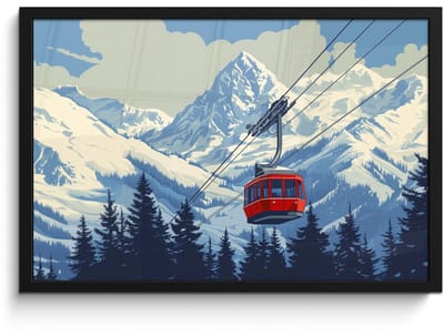 Poster in lijst - Fotolijst 60x40 cm - Posters - Kabelbaan - Sneeuw - Berglandschap - Posterlijst zwart - Decoratie - Wanddecoratie woonkamer - Muurdecoratie slaapkamer