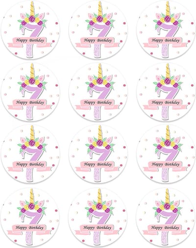 DW4Trading Sticker Happy Birthday Eenhoorn 7 Jaar - Ø 4,5 cm - 12 Stuks - Paars