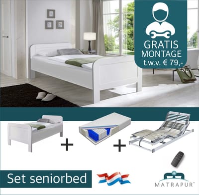 Seniorenbed Compleet elektrische set ledikant seniorenbed 90x200cm Wit + 42 lats elektrisch Verstelbaar + Diva De Luxe 7 zone pocketveermatras