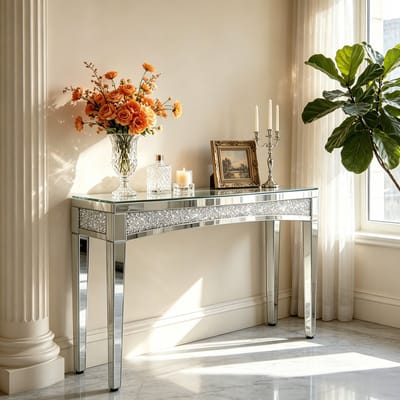 Artloge Consoletafel - Sidetable - Spiegel Wandtafel met Diamant - Zilver - 120 x 35 x 80 cm - Console Tafel voor Hal, Woonkamer, Entree