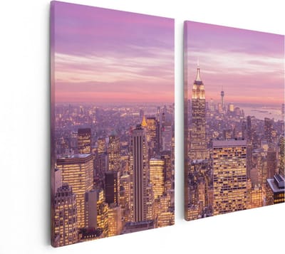 Artaza Canvas Schilderij Tweeluik New York Skyline Met Lichten Bij Zonsondergang - 80x60 - Foto Op Canvas - Canvas Print