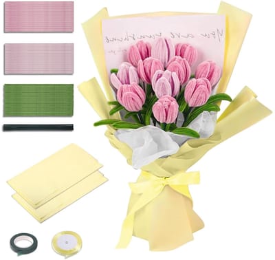 Tulpen Bloem Boeket Pijp Reinigers Set van 320 Stuks, Roze Pijp Reinigers voor Bloem Creaties met Groene Draad en Plakband voor Ambachtelijke Projecten