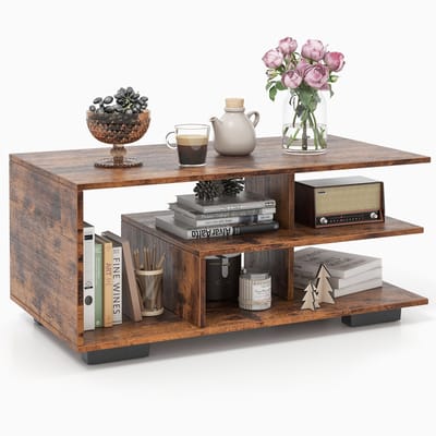 COSTWAY Salontafel met opbergruimte, rechthoekige woonkamertafel retro met L-vormige middenplank, 3-traps geometrische salontafel voor woonkamer, ontvangstruimte, 90 x 50 x 42 cm (rustiek bruin)