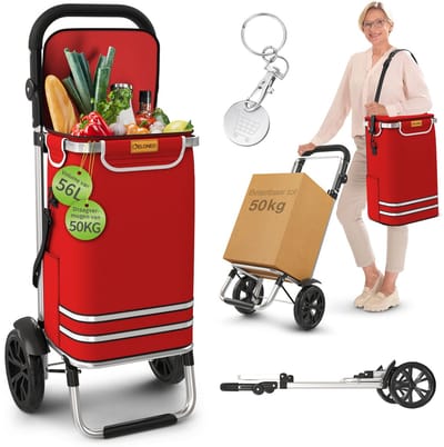 ELONEO boodschappentrolley opvouwbaar, boodschappentrolley met koelvak, 3-in-1 trolley, steekwagen & schoudertas - rood