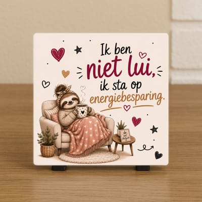 Wenstegeltje - Ik ben niet lui. Ik sta op energiebesparing – Luxe Cadeautegel met Tekst – Perfect Cadeau - Trendy nu - Keramiek – Zomaar – Cadeau – Incl standaard