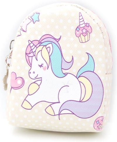 Tashanger kinderen meisjes portemonnee buideltje unicorn 7x10 cm met rits kunstleer beige