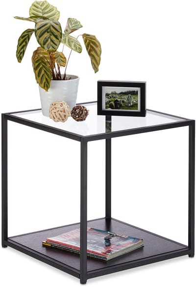 salontafel vierkant - metalen frame - glas - 50 x 50 x 50 cm - zwart