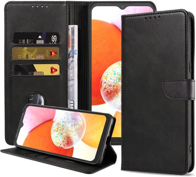 Geschikt voor Samsung Galaxy A14 Telefoonhoesje Kunstleer met Magnetisch lipje en Pasjeshouder Book Case met Klepje - Zwart - Smartphonica geschikt voor Samsung Galaxy A14