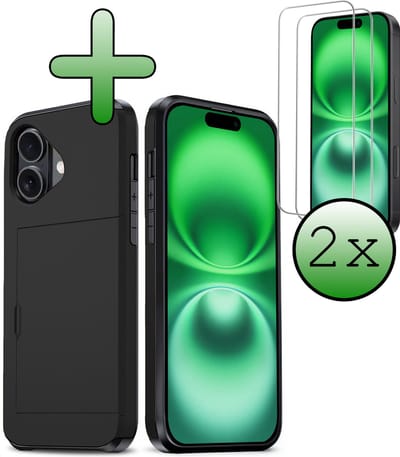 Hoes Geschikt voor iPhone 16 Hoesje Hard Case Met Pas Houder Met 2x Screenprotector - Hoesje Geschikt voor iPhone 16 Hoes Shockproof Hard Cover Met Kaarthouder - Zwart