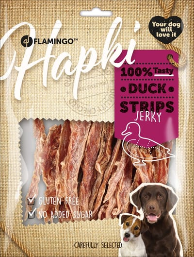 Hondensnack – Flamingo Hapki Strips met eend 400g – gezonde hondensnoepjes – eiwitrijk & vetarm