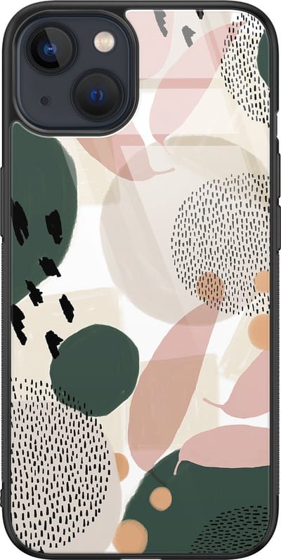 Hoesje geschikt voor iPhone 13 - Abstract print - Luxe Glazen Hardcase - Hippe print - Bruin - Leuke Telefoonhoesjes