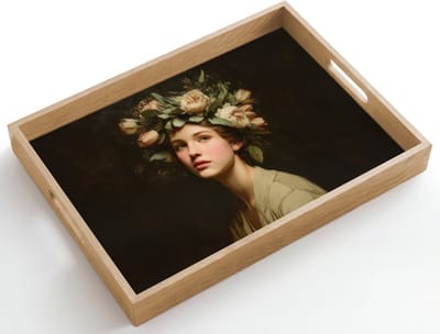 Dienblad hout 50x35 cm - Schootdienblad - Bloemenstilte - Vrouw - Portret - Borrelplank rechthoek - Plateau dienbladen
