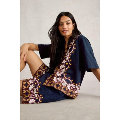 White Stuff Bella Linen Blend Resort Shirt Navy Multi Maat: 10 | Overhemden Outlet | Dames | Blauw