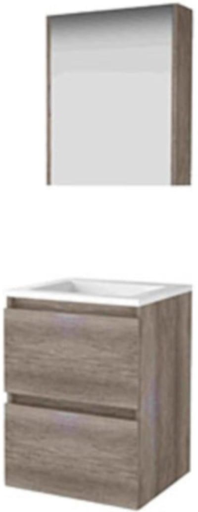 Basic-Line Comfort 46 Badkamermeubelset - 50 x 46 cm - Greeploos - 2 Lades - Acryl Wastafel - Zonder Kraangat - Spiegelkast - Scotch Oak