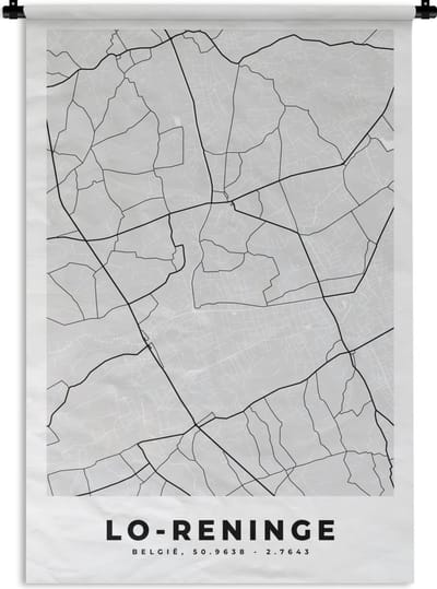 Wandkleed - Wanddoek - Stadskaart – Zwart Wit - Kaart – Lo Reninge – België – Plattegrond - 120x180 cm - Wandtapijt