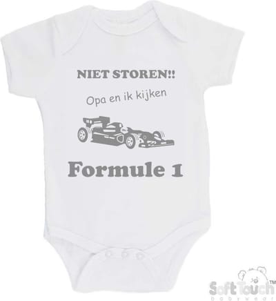100% katoenen Romper "Niet storen!! Opa en ik kijken Formule 1" Unisex Katoen Wit/grijs Maat 62/68