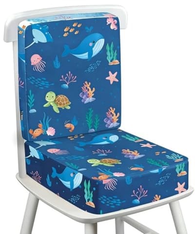 PromoHome Peuter Booster Zitting voor Eettafel met Rugleuning, 10 cm dik Kids Booster Kussen met Verstelbare Riemen & Antislip Bodem, Spons Wasbaar, Zeedieren