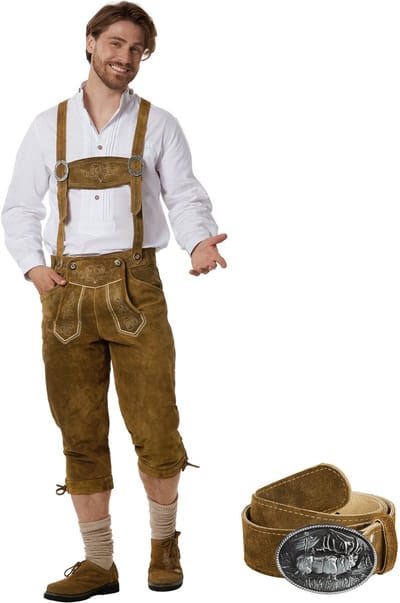 dressforfun - Authentieke Lange Lederhosen Jakob - Met Riem en Bretels - Echt Leer - Olijf - 50 - Oktoberfest Kleding Man - Herenkostuum - Verkleedkleding - Duitse Klederdracht - Carnavalskleding - Klederdrachtvest - Traditionele Leren Broek