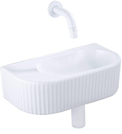 QeramiQ Fuente fonteinset – halfrond – 40x21.5x12 cm – keramiek wit glans – mat witte kraan – geribbeld