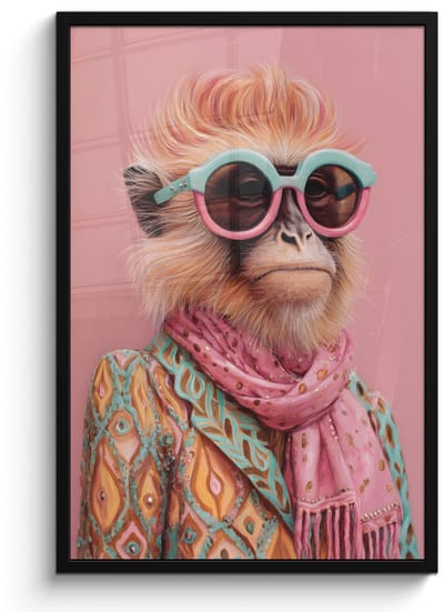 Poster in lijst - Fotolijst 60x90 cm - Posters - Sjaal - Aap - Zonnebril - Jasje - Posterlijst zwart - Decoratie - Wanddecoratie woonkamer - Muurdecoratie slaapkamer