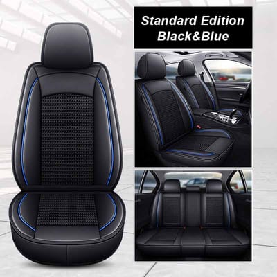 Housse de Siège Auto Enveloppe Complète Coussin Housse de Siège Coussin en Soie Glacée Universel Quatre Saisons Coussin de Siège en Cuir Housse de Siège pour 90% des Modèles Standard Edition noir/bleu
