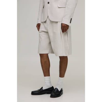 Linnen-look Wide Fit Plooifront Getailleerde Jorts | Stone | Size 28