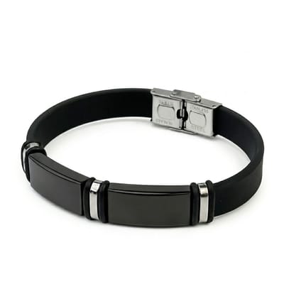 Zwarte heren armband van silicone met rechthoekige plaat en metalen sluiting