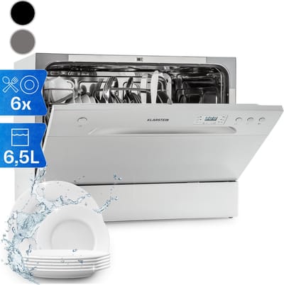 Klarstein Vaatwasser mini- voor 6 couverts, stille UV-vaatwasser, compact met 6 wasprogramma's, kleine tafelvaatwasser voor thuis, kantoor, camping, mini-vaatwasser met wateraansluiting - Vaatwasmachine - 6 Maatgedekken 45 cm 1380W - AquaStop Inbouw