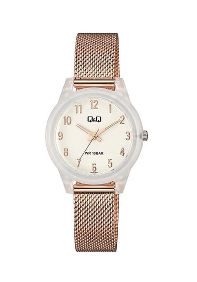 Q&Q VS13J011Y - Horloge - Polshorloge - Analoog - Vrouwen - Dames - Milanese/Mesh stalen band - Rond - Kunststof - Cifers - Rosékleurig - Transparent - Zilverkleurig
